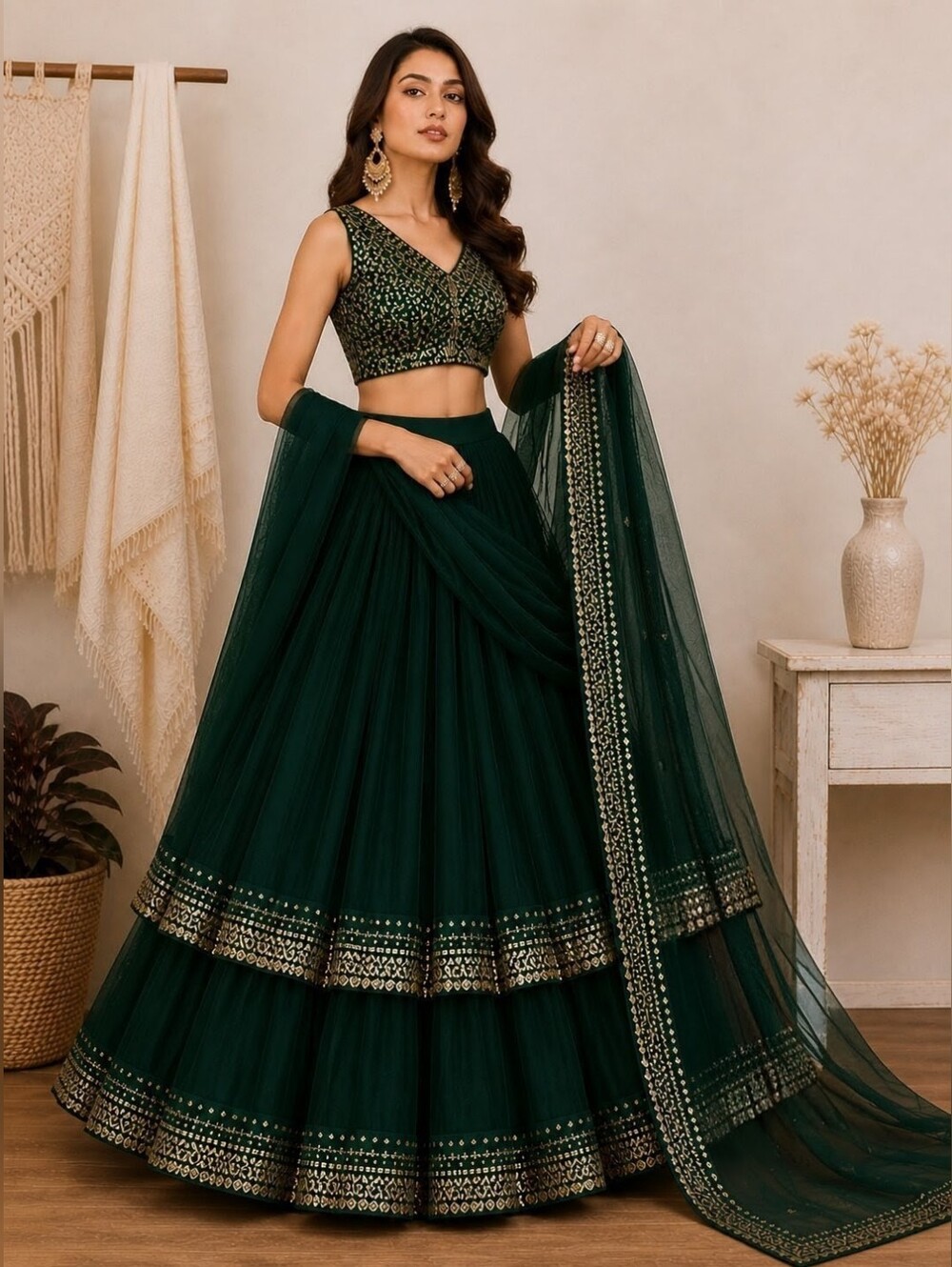Green Gorgette With Sequined Work Lehenga Choli
